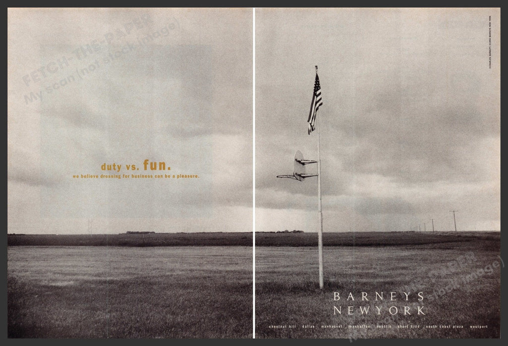 Barneys New York 1990s Print Advertisement (2 Page) 1990 Duty vs. Fun Fetch-the-Paper