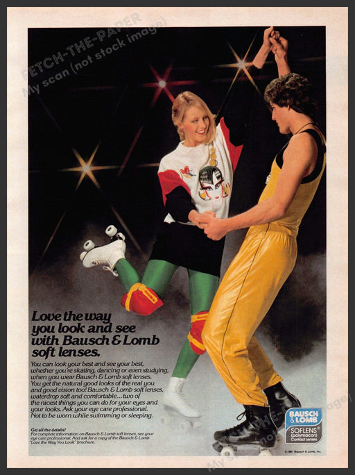 Bausch & Lomb 1980s Print Advertisement 1981 Roller Skating Couple Bausch & Lomb