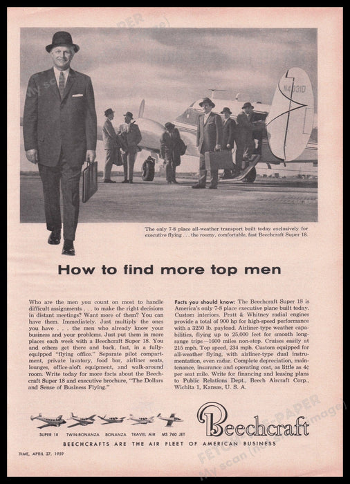 Beechcraft Super 18 Airplane 1950s Print Advertisement Ad 1959 Fetch the Paper!