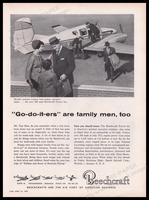 Beechcraft Travel Air Airplane 1950s Print Advertisement Ad 1959 Fetch the Paper!