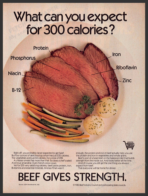 Beef Industry 1980s Magazine Print Advertisement 1983 Sirloin 300 Calories Beef Industry