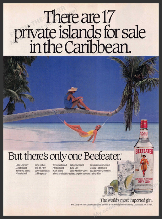 Beefeater 1980s Print Advertisement 1989 Private Islands Palm Beach Hammock Beefeater