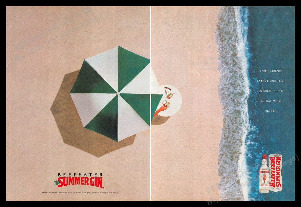 Beefeater The Sumer Gin 1990s Print Advertisement (2 Page) 1991 Beach Umbrella Fetch-the-Paper