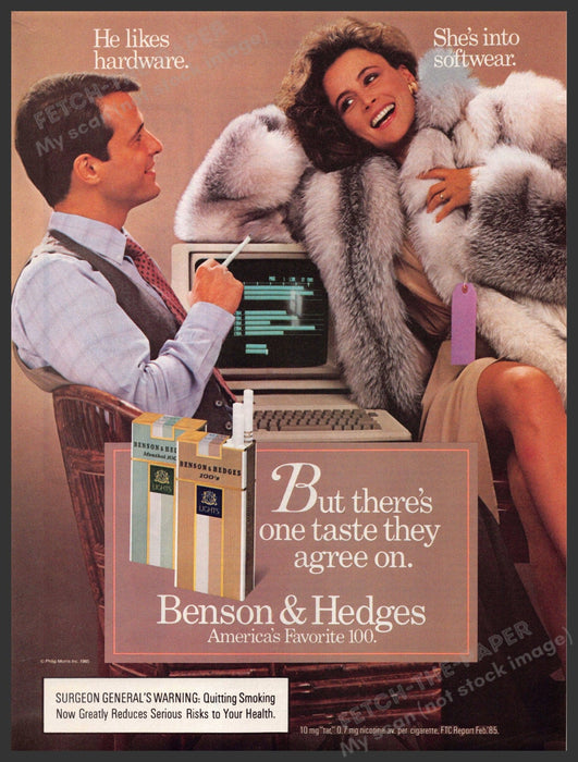 Benson & Hedges 1980s Magazine Print Ad 1985 Computer Hardware & Fur Software Benson & Hedges