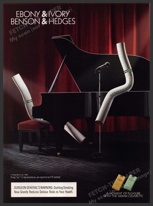 Benson & Hedges 1990s Print Advertisement 1998 Piano "Ebony & Ivory" Benson & Hedges