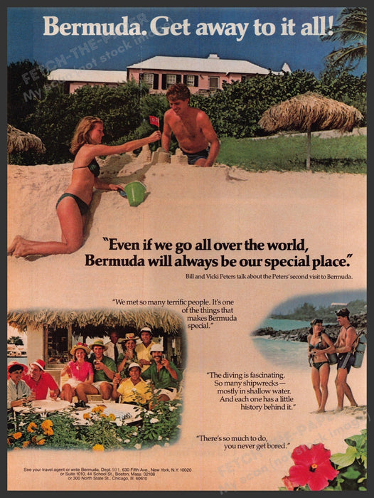 Bermuda Travel Couple Beach 1980s Print Advertisement Ad 1981 Bikini Sand Fetch-the-Paper