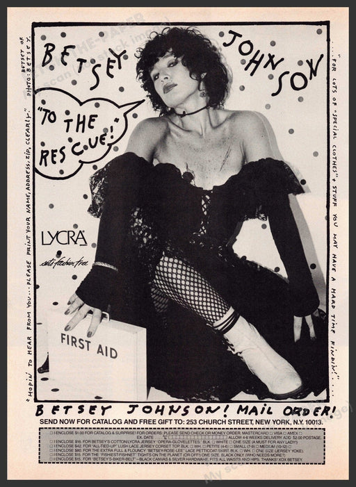 Betsey Johnson 1980s Print Advertisement 1982 "To the rescue" Fetch-the-Paper
