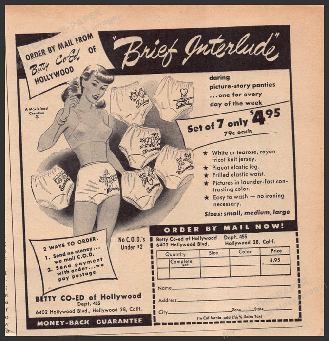 Betty Co-ed of Hollywood Day of the Week Panty 1940s Print Advertisement Ad 1949 Fetch-the-Paper