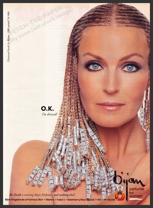 Bijan 1990s Print Advertisement Ad 1995 Bo Derek Famous Dreadlocks Diamond Beads Bijan