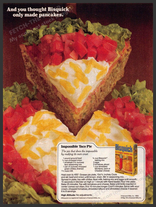 Bisquick 1980s Print Advertisement Ad 1983 "Impossible Taco Pie" Recipe Bisquick