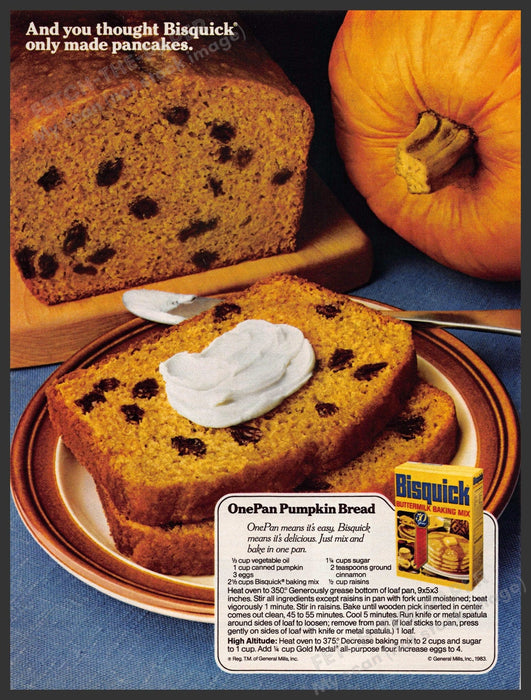 Bisquick 1980s Print Advertisement Ad 1983 "OnePan Pumpkin Bread" Recipe Bisquick