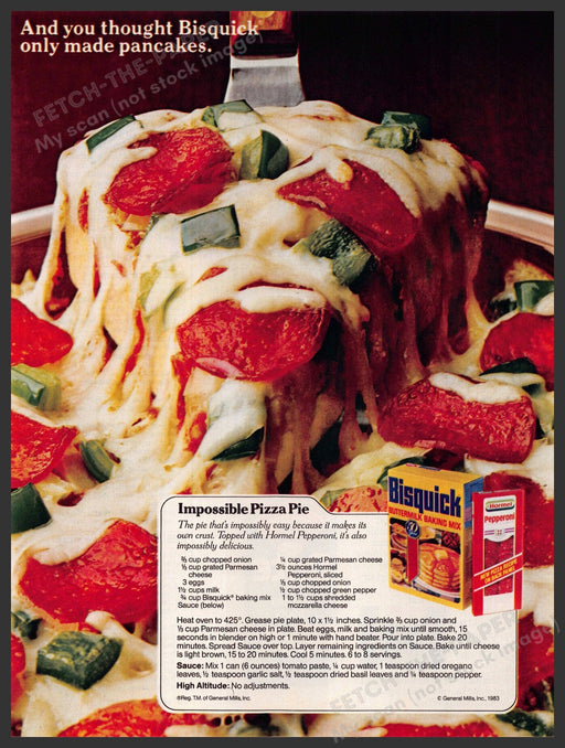 Bisquick Hormel 1980s Print Advertisement Ad 1983 "Impossible Pizza Pie" Recipe Bisquick