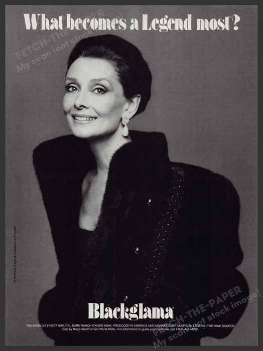 Blackglama Fur Coat Audrey Hepburn 1980s Print Advertisement Ad 1987 Fetch-the-Paper