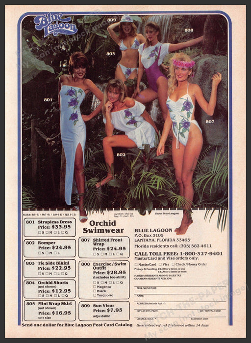 Blue Lagoon Orchid Swimwear 1980s Print Advertisement 1983 Legs Jungle Ladies Fetch-the-Paper