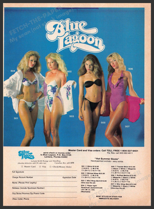 Blue Lagoon Swimwear 1980s Print Advertisement 1982 Floral Beachy Fetch-the-Paper
