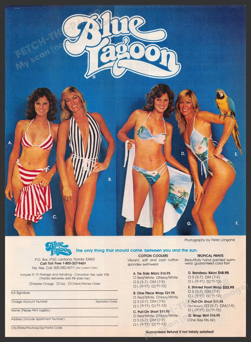 Blue Lagoon Swimwear 1980s Print Advertisement 1982 Macaw Parrot Fetch-the-Paper
