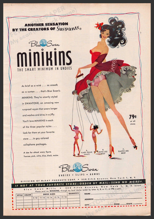 Blue Swan Minikins Undies Panties Underwear 1940s Print Advertisement Ad 1949 Fetch-the-Paper