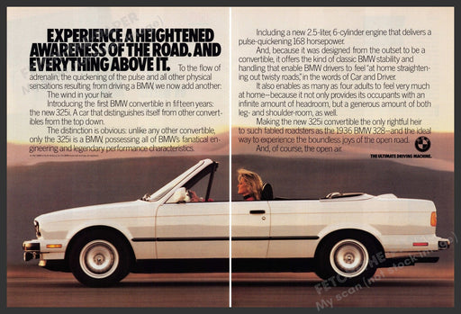 BMW 325i Car 1980s Print Advertisement (2 Page) Ad 1987 "Flow of adrenalin" Fetch-the-Paper