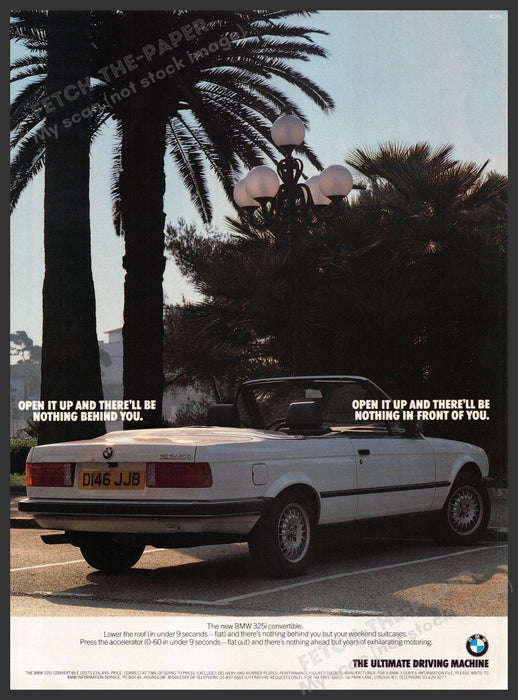 BMW 325i Convertible 1980s U.K. Print Advertisement Ad 1986 Palm Trees BMW
