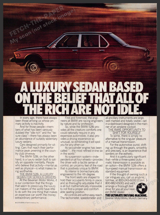 BMW 528i 1970s Print Advertisement 1979 "The rich are not idle" BMW