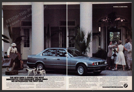 BMW 535i Car 1980s Print Advertisement (2 Page) Ad 1988 Dogs Fetch-the-Paper