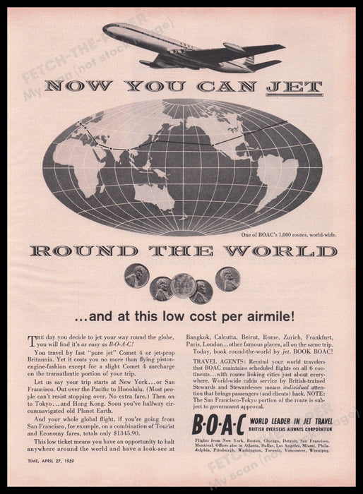 BOAC British Overseas Airways Corporation 1950s Print Advertisement Ad 1959 Fetch the Paper!