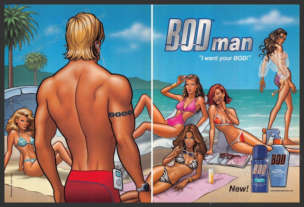 BOD Man Sexy Beach Bodies Illustration 2000s Print Advertisement 2 Page Ad 2005 BOD Man