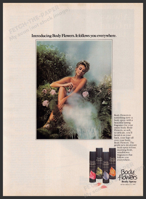 Body Flowers 1980s Print Advertisement 1984 Body Spray Bare Roses Ferns Fetch-the-Paper