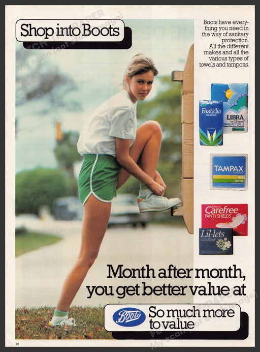 Boots Pharmacy UK Feminine Products 1980s Print Advertisement Ad 1982 Legs Run Fetch the Paper!