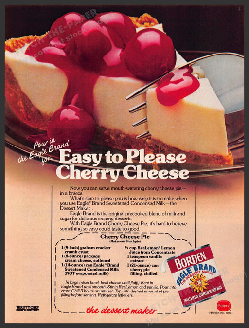 Borden 1980s Magazine Print Advertisement 1983 "Cherry Cheese Pie" Recipe Borden