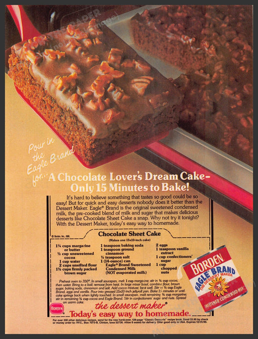 Borden 1980s Magazine Print Advertisement 1986 "Chocolate Sheet Cake" Recipe Borden
