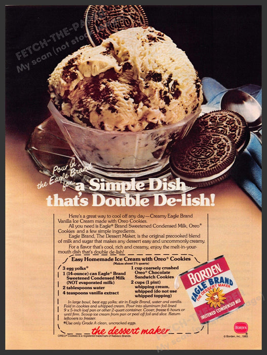 Borden 1980s Print Advertisement Ad 1983 "Ice cream with Oreo Cookies" Recipe Borden