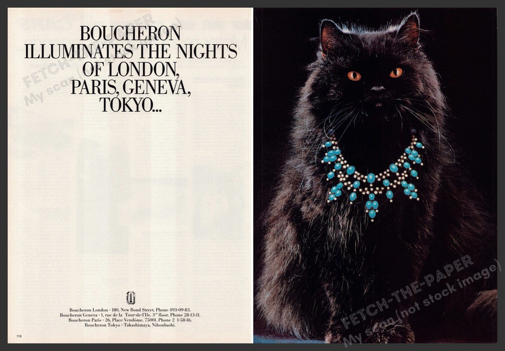 Boucheron Jewelry 1980s Print Advertisement (2 pages) 1980 Black Cat Fetch-the-Paper