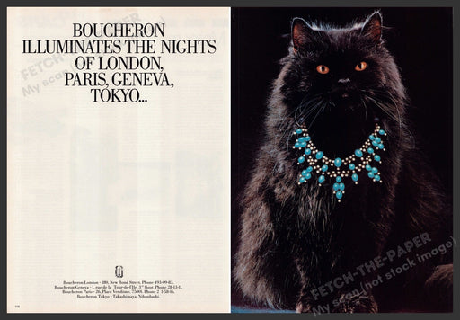 Boucheron Jewelry 1980s Print Advertisement (2 pages) 1980 Black Cat Fetch-the-Paper
