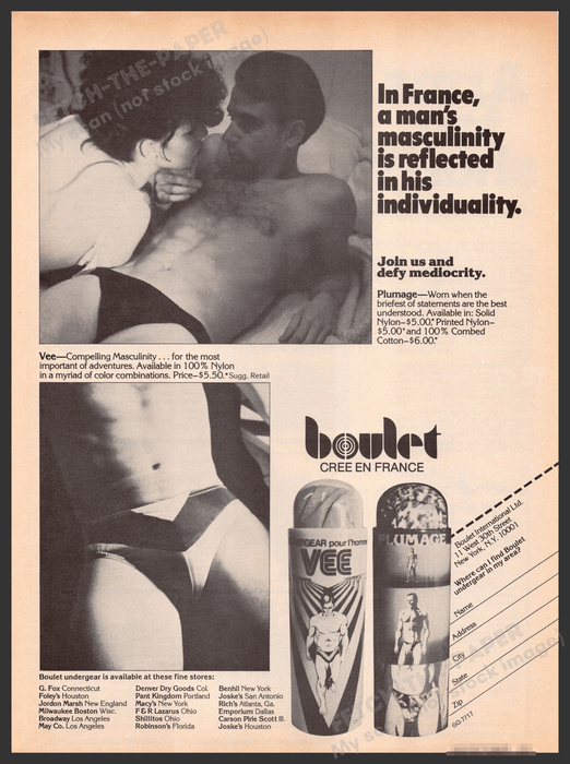 Boulet 1970s Print Advertisement 1979 Men's Underwear Briefs Fetch-the-Paper