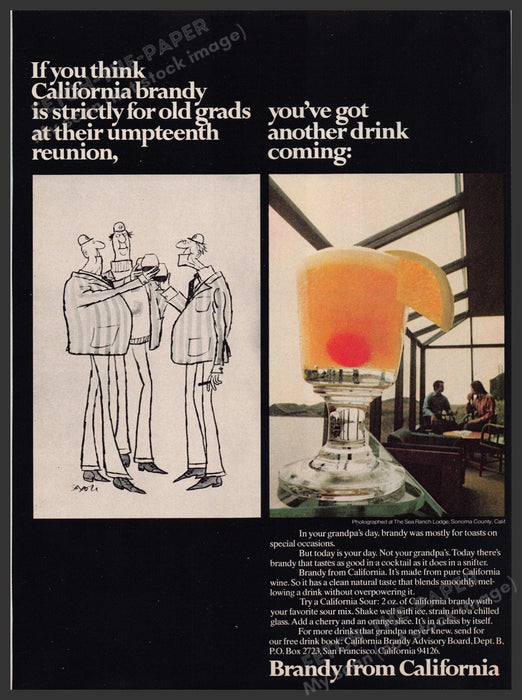Brandy from California 1970s Print Advertisement Ad 1973 "Not your grandpa's" Fetch the Paper!