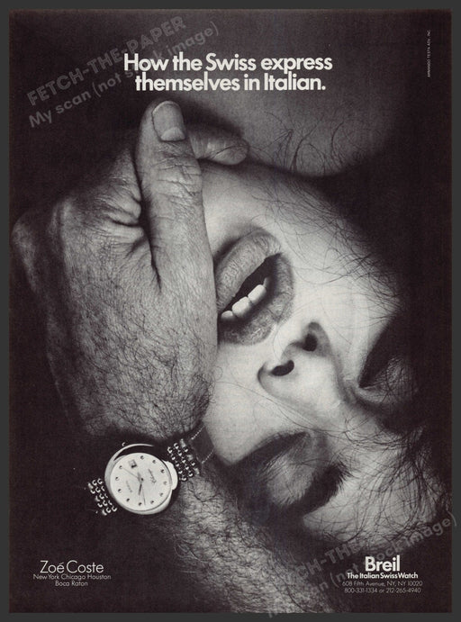 Breil Italian Swiss Watch 1980s Print Advertisement Ad 1987 Mans Hand Face Fetch-the-Paper