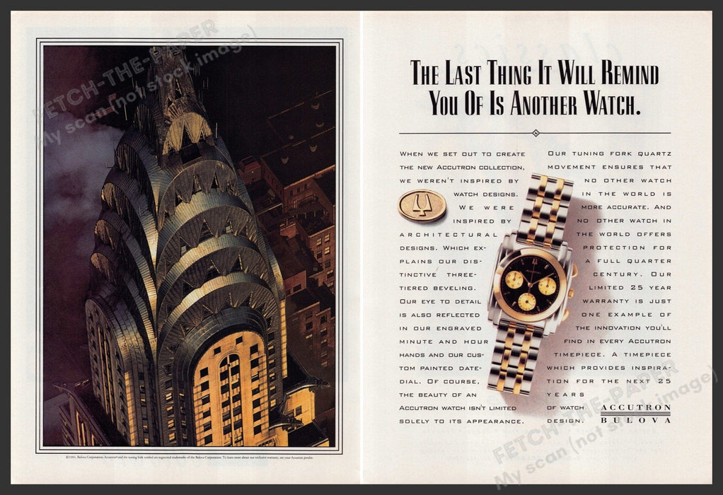 Bulova Accutron Collection 1990s Print Advertisement Ad (2 Pg) 1991 Chrysler NYC Fetch-the-Paper