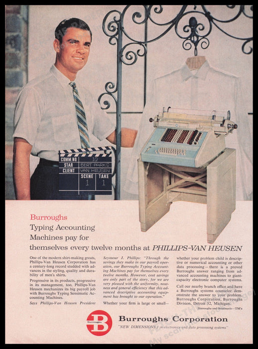 Burroughs Accounting Machine 1950s Print Advertisement Ad Phillips-Van Heusen Fetch the Paper!