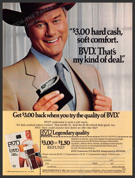 BVD 1980s Magazine Print Advertisement 1985 Larry Hagman Men's Underwear BVD