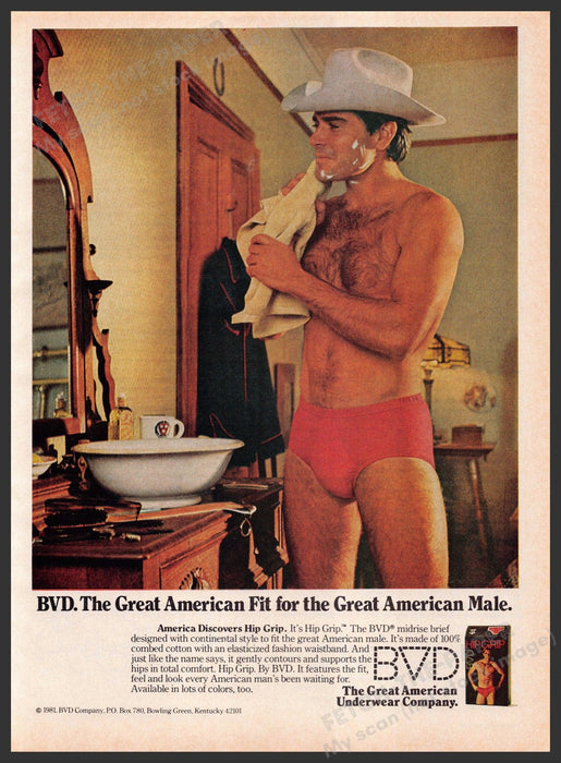 BVD Men's Underwear 1980s Print Advertisement 1981 Hip Grip Brief Cowboy Shaving BVD