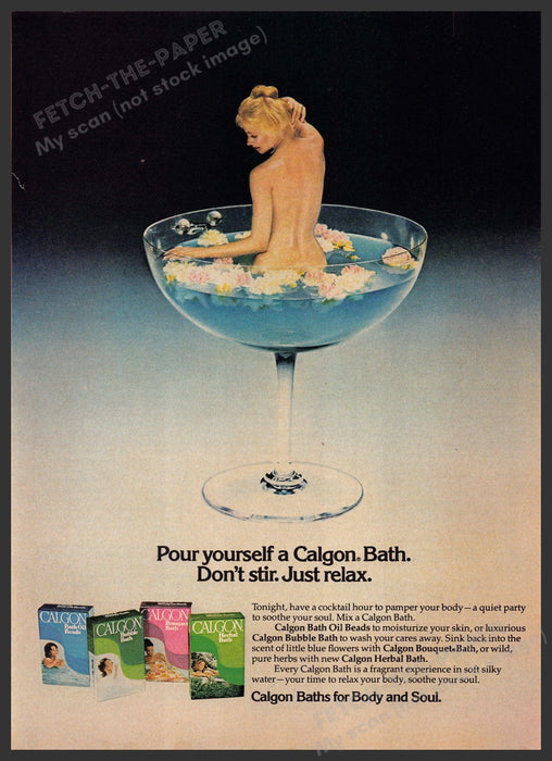 Calgon Bath 1970s Print Advertisement 1976 Woman Sparkling Wine Glass Body Soul Fetch-the-Paper