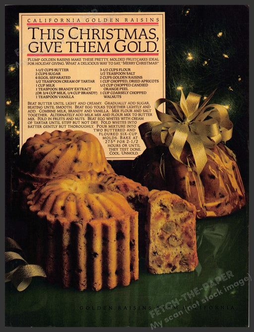 California Golden Raisins 1980s Magazine Print Advertisement 1983 Fruitcake California Golden Raisins