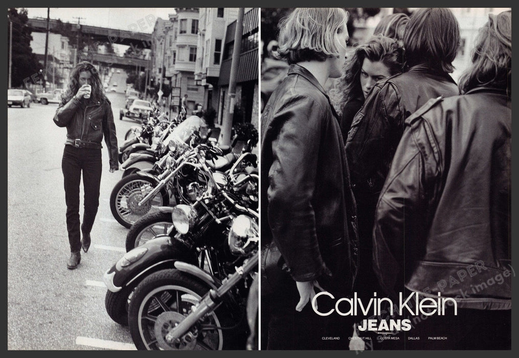 Calvin Klein Jeans 1990s Print Advertisement (2 Page) Ad 1992 Motorcycle Group Fetch-the-Paper