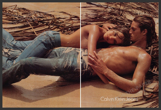 Calvin Klein Jeans 2000s Print Advertisement Ad (2 pg) 2006 Tan Topless Couple Fetch-the-Paper