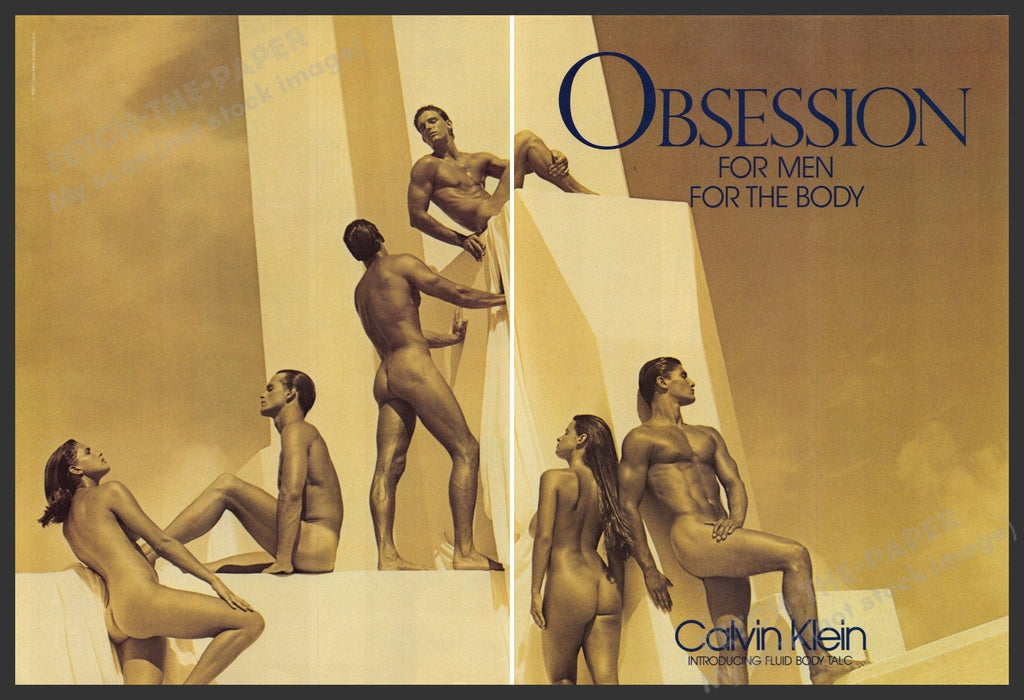 Calvin Klein Obsession 1980s Print Advertisement (2 Page) Ad 1987 Bare Bodies Fetch-the-Paper