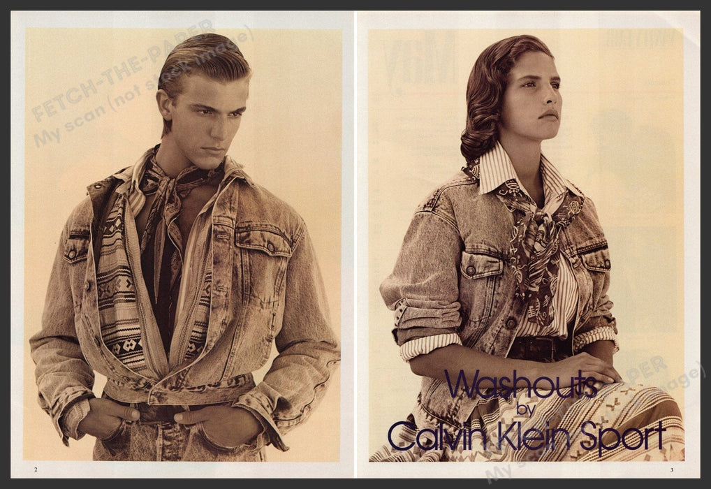 Calvin Klein Sport Washouts 1980s Print Advertisement (2 Page) Ad 1987 Western Fetch-the-Paper