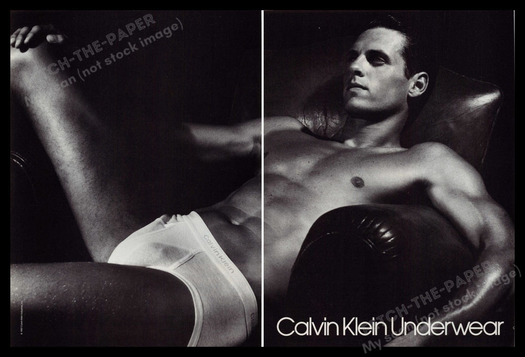 Calvin Klein Underwear Men's 1980s Print Advertisement (2 Page) 1987 Sexy Model Fetch-the-Paper