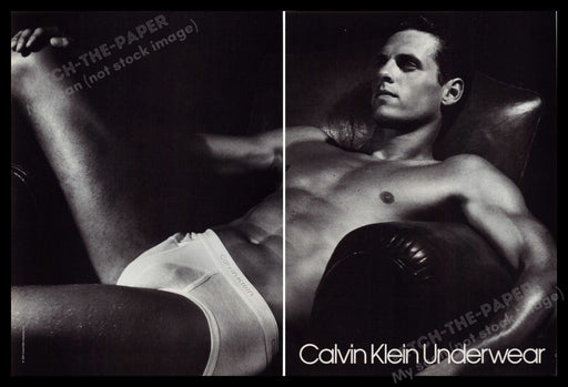 Calvin Klein Underwear Men's 1980s Print Advertisement (2 Page) 1987 Sexy Model Fetch-the-Paper