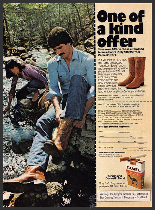 Camel 1970s Magazine Print Advertisement 1977 Boots Offer American Eagle Camel